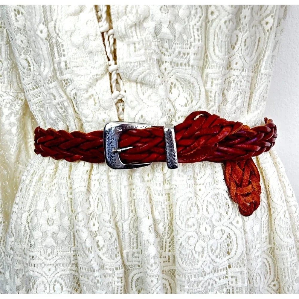 Braided Leather Belt Etched Silver Plate Buckle Made in Argentina Brown S